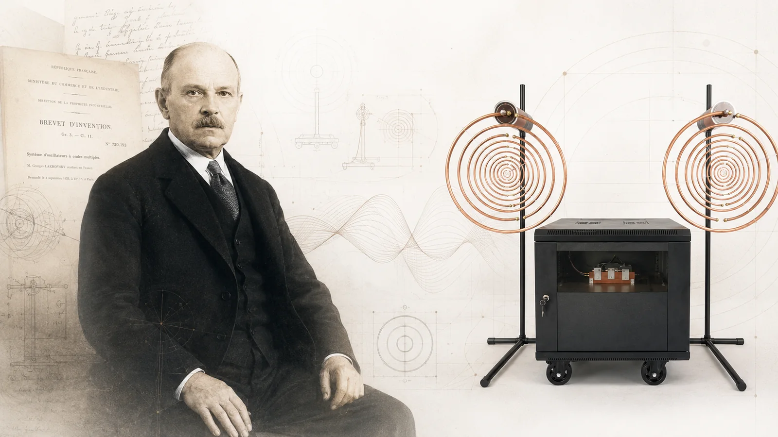 Georges Lakhovsky vor historischen Patentunterlagen und einem technischen Rekonstruktionsaufbau mit Ringantennen